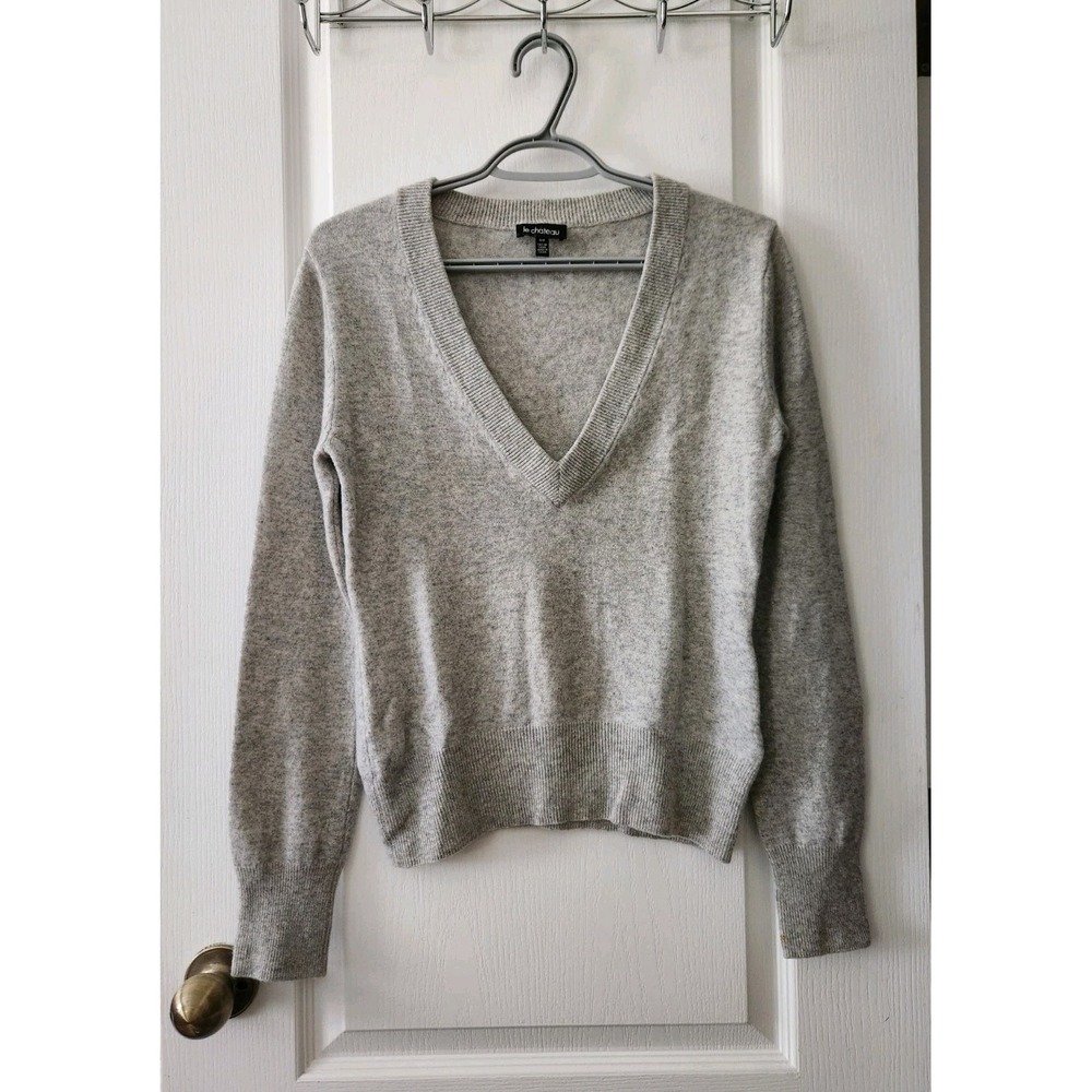 le Chateau Women's 100% Cashmere Sweater V-Neck Long Sleeve Gray Size S
